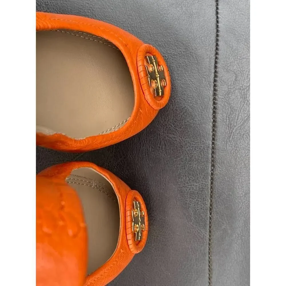 Tory Burch Minnie Travel Ballet Leather Casual Orange Women's US 5 Slip-Ons